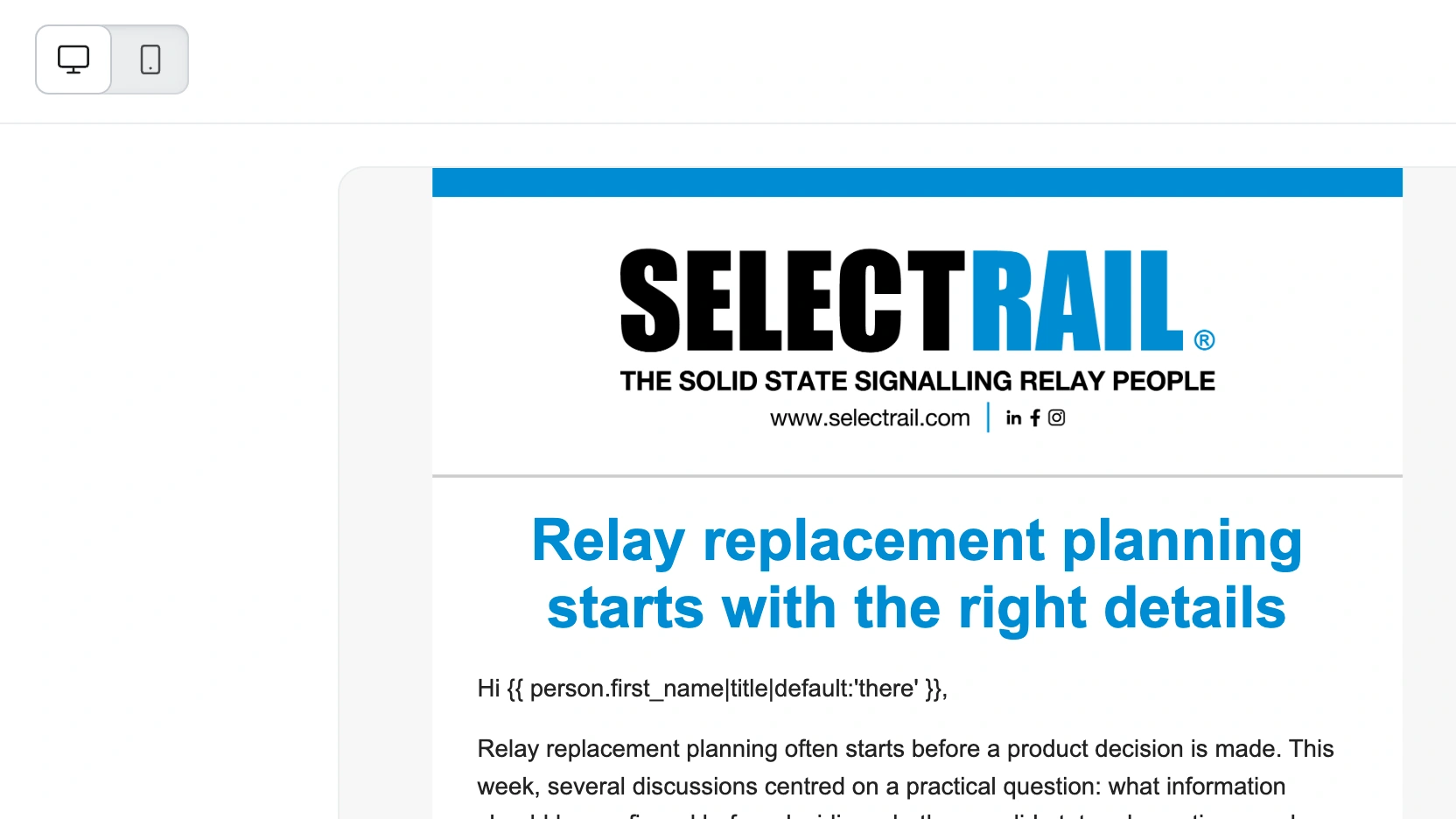 SelectRail relay suitability review newsletter content prepared in Klaviyo