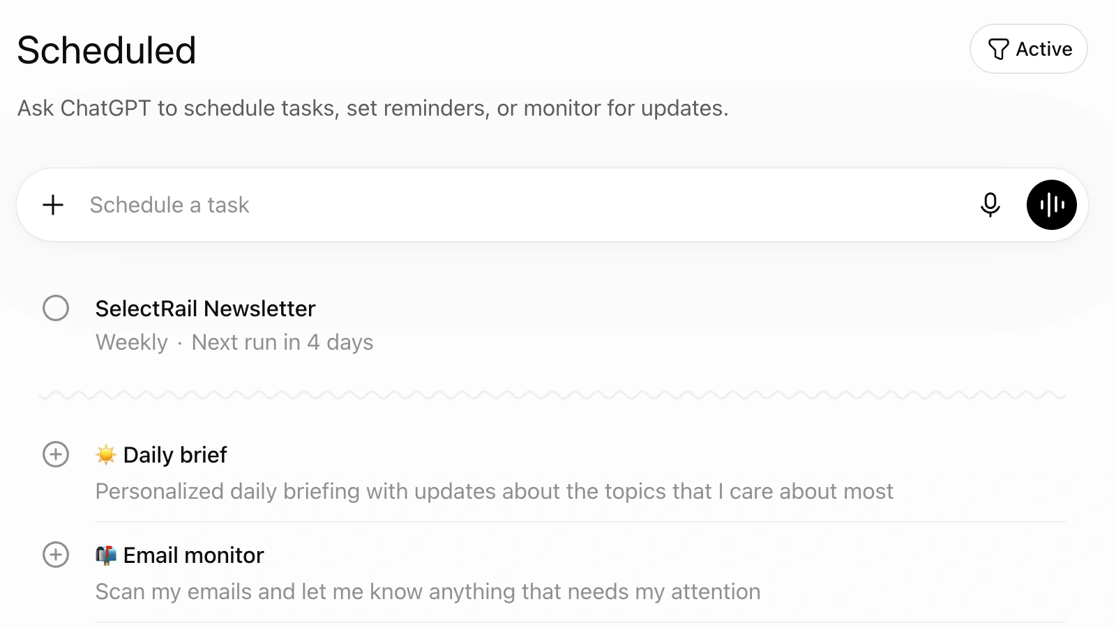 SelectRail Newsletter shown as an active weekly scheduled task