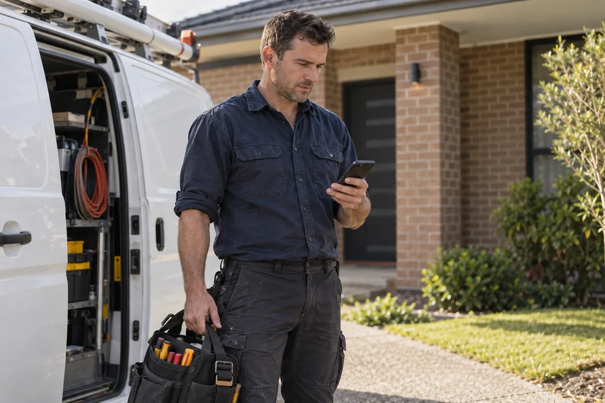Illustrative photo of a tradie checking his phone beside his work van.