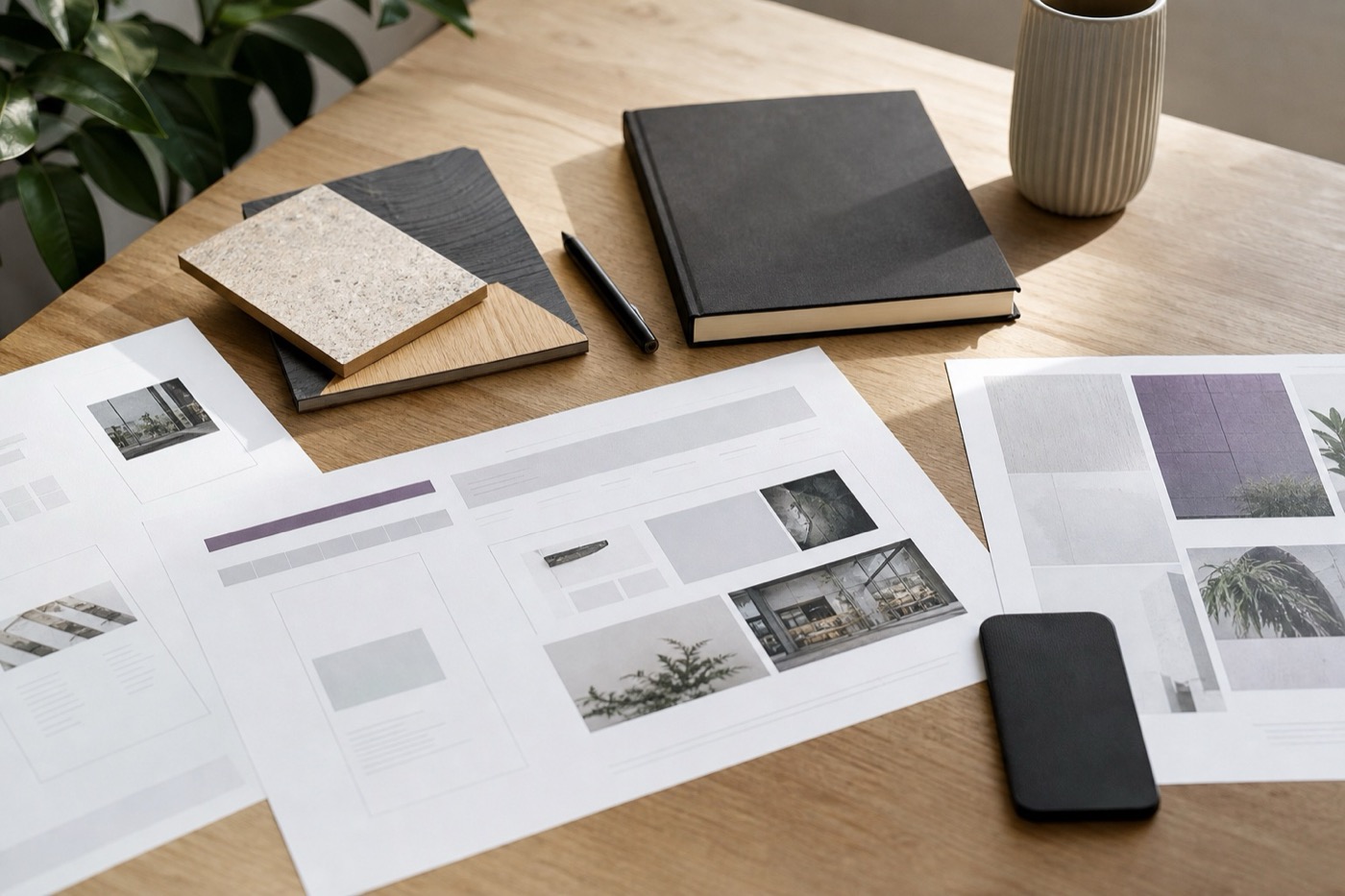 Printed website layouts and material samples arranged on a timber table
